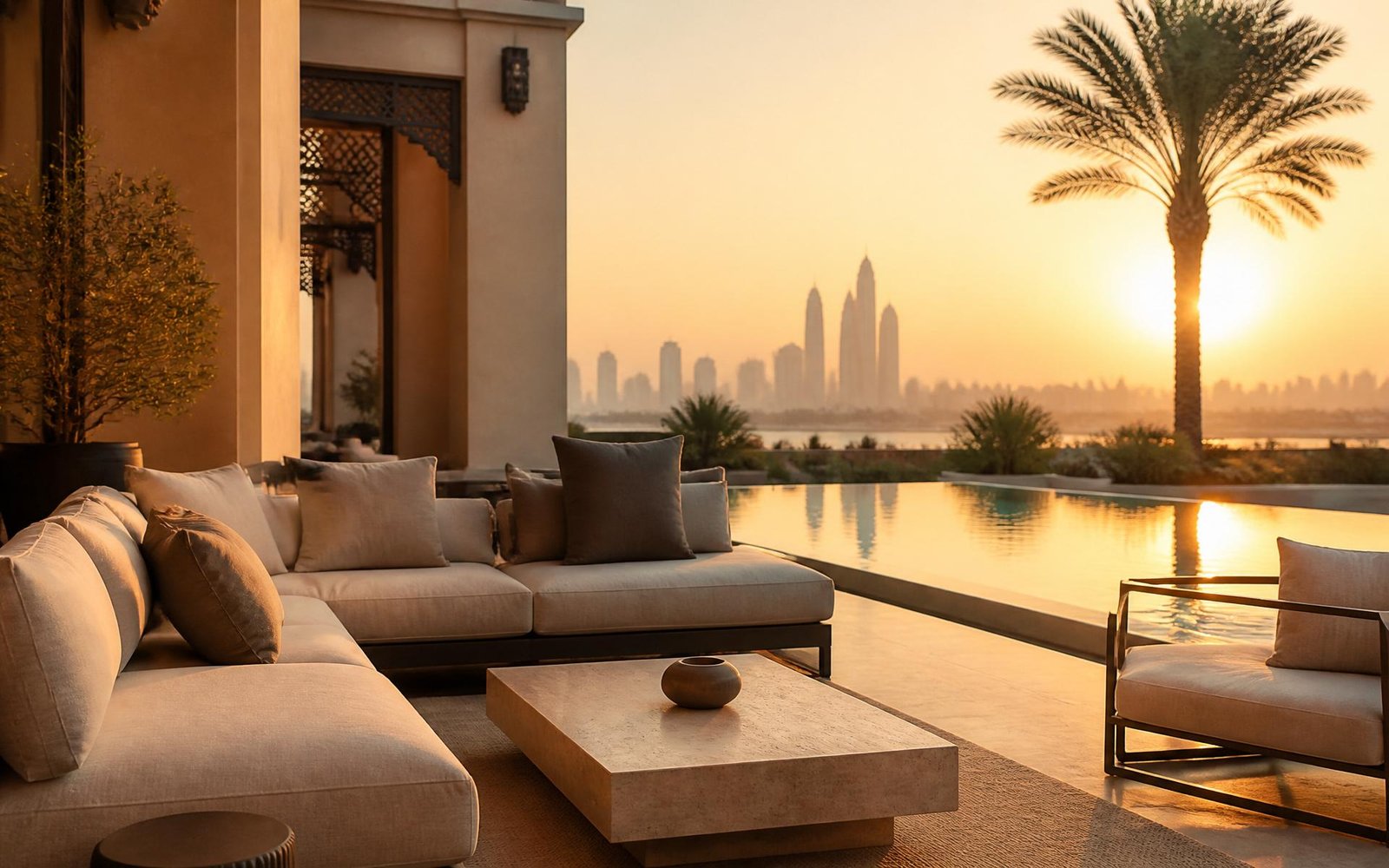 Luxury Dubai villa terrace with Swin outdoor sofa at golden hour